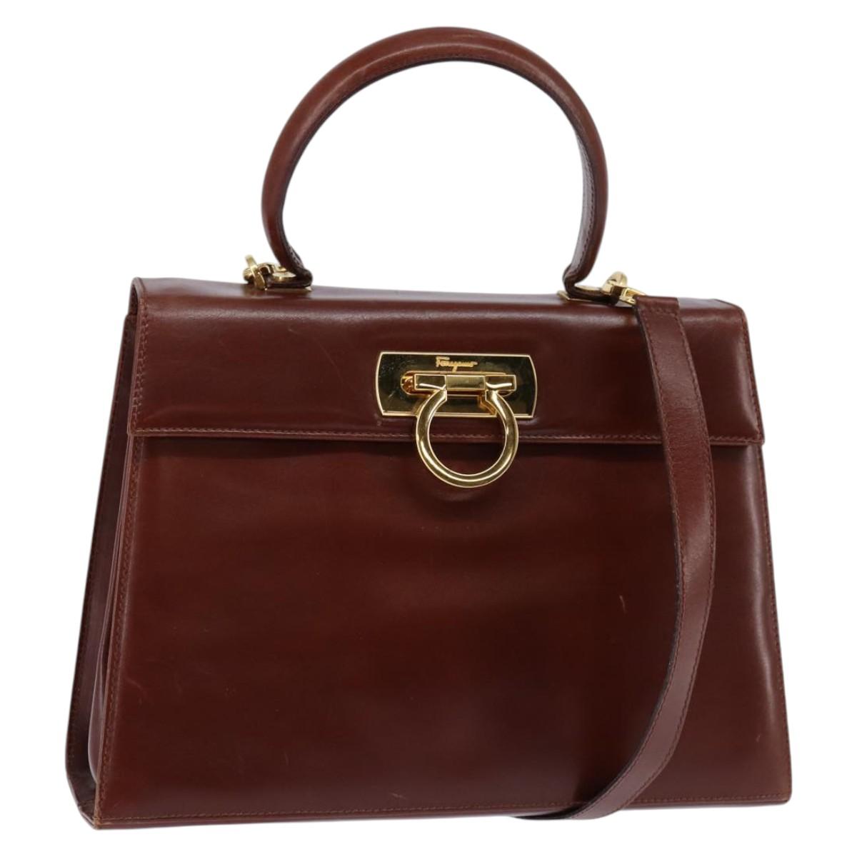 Salvatore Ferragamo Gancini Hand Bag Leather 2way Brown Gold Auth BA5819
