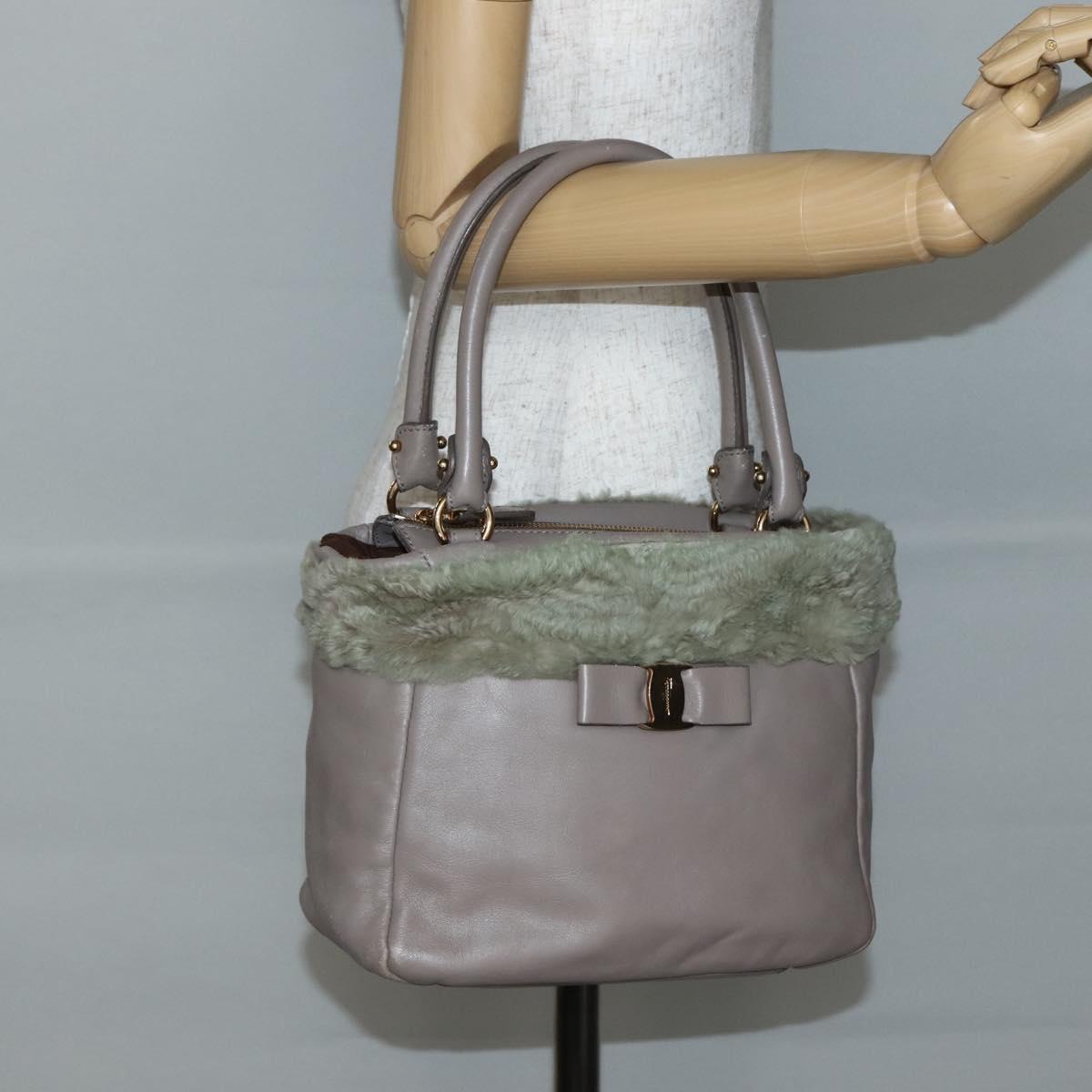 Salvatore Ferragamo Vala Hand Bag Leather Beige Gold Auth BA5832