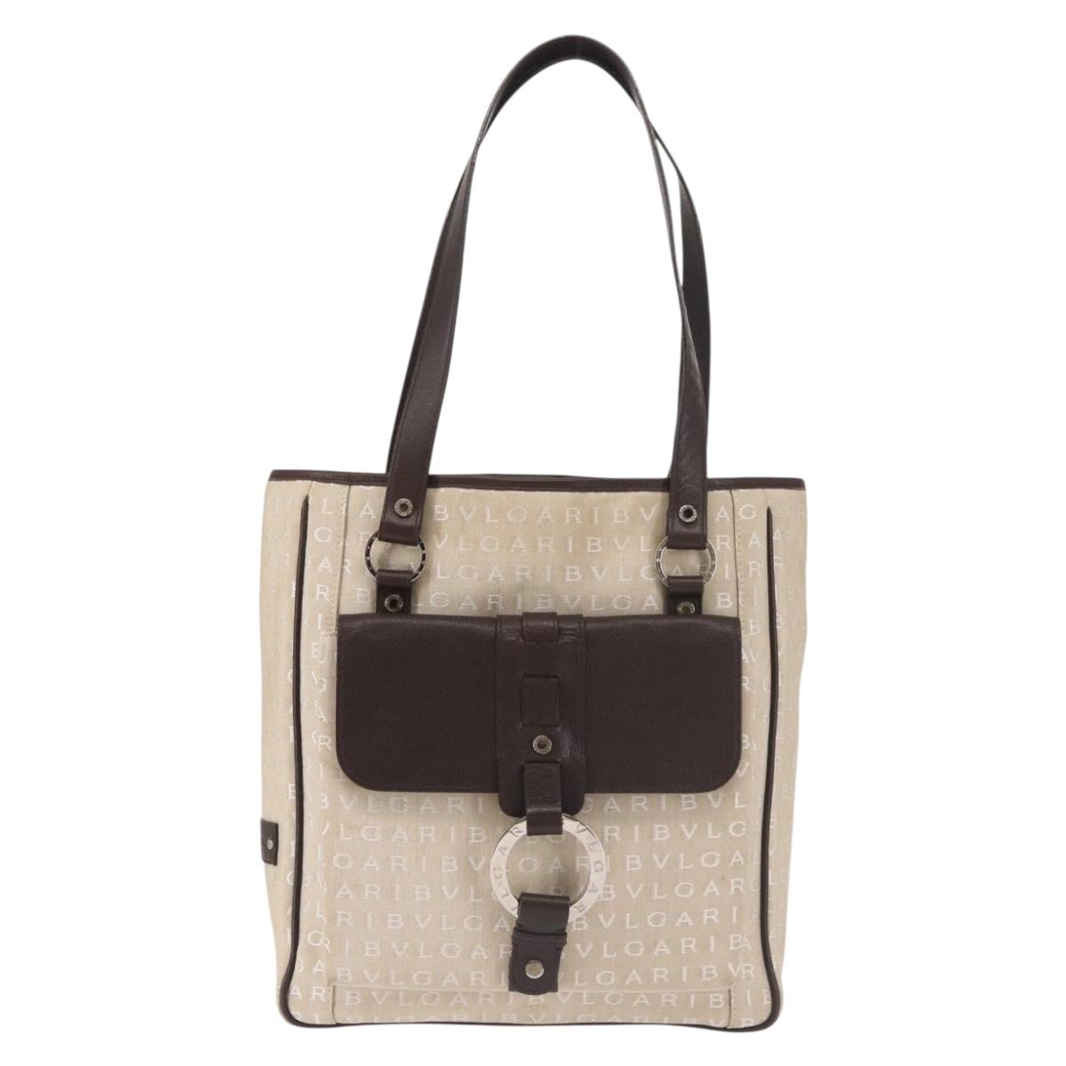 BVLGARI Logo Mania Tote Bag Canvas Beige Silver Auth BA5834