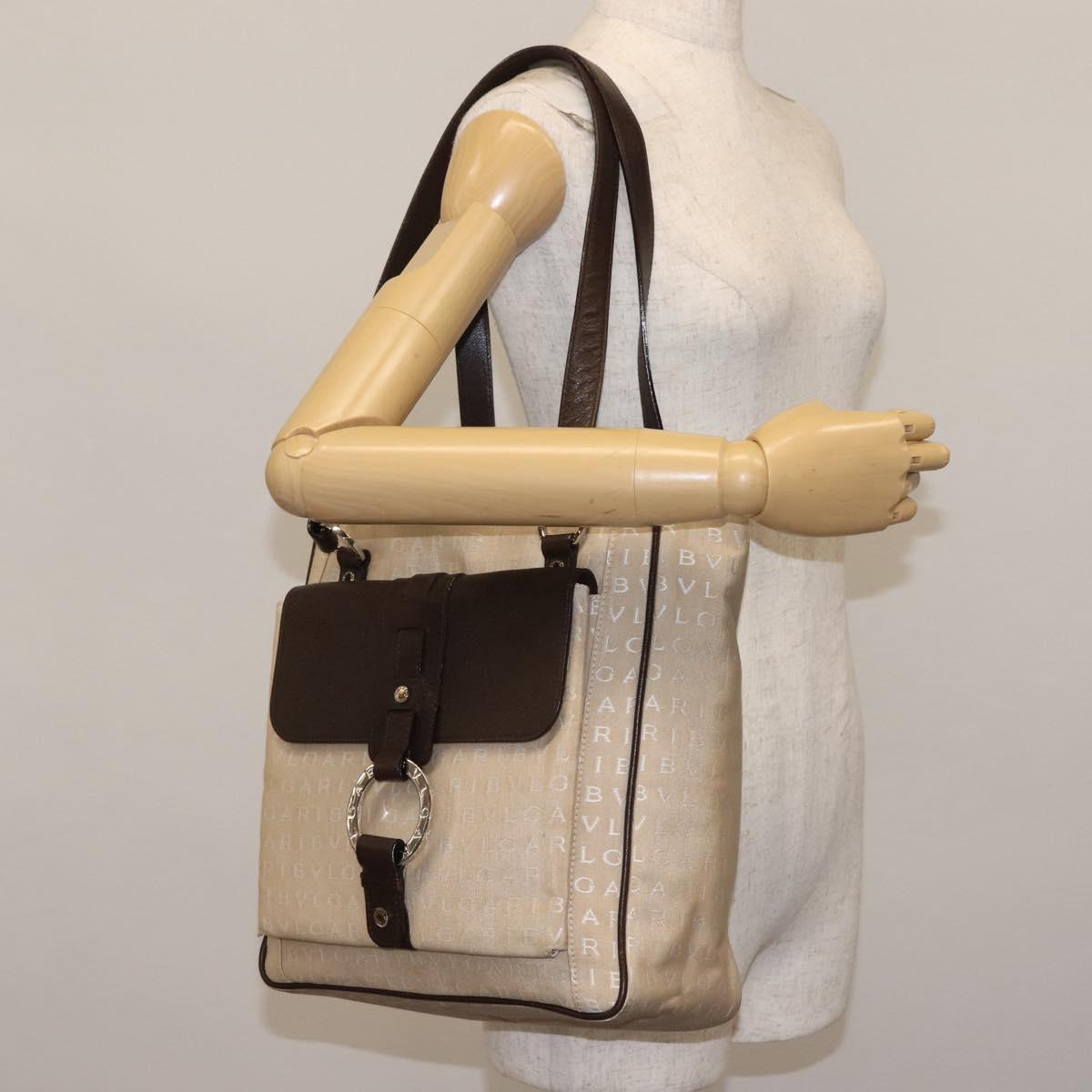 BVLGARI Logo Mania Tote Bag Canvas Beige Silver Auth BA5834
