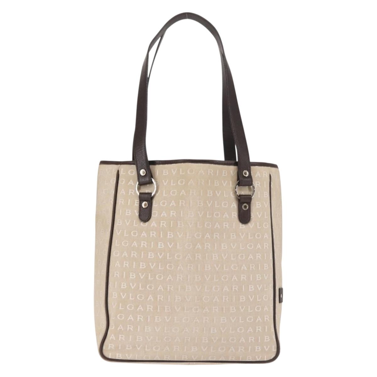 BVLGARI Logo Mania Tote Bag Canvas Beige Silver Auth BA5834