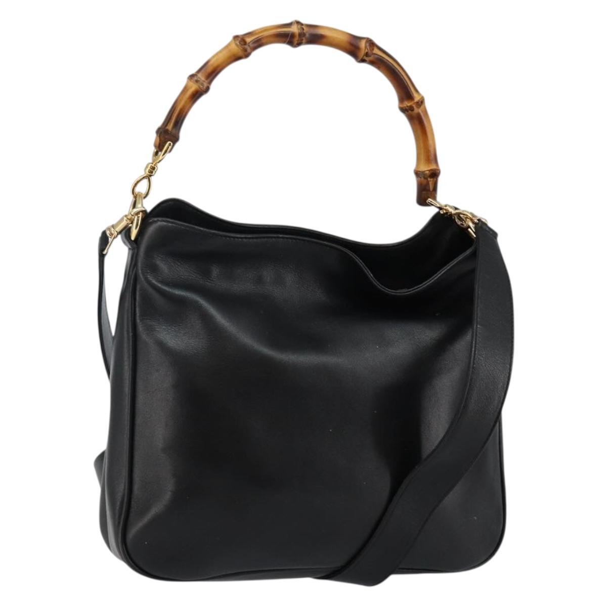 GUCCI Bamboo Hand Bag Leather 2way Black Gold 001 1638 Auth BA5842