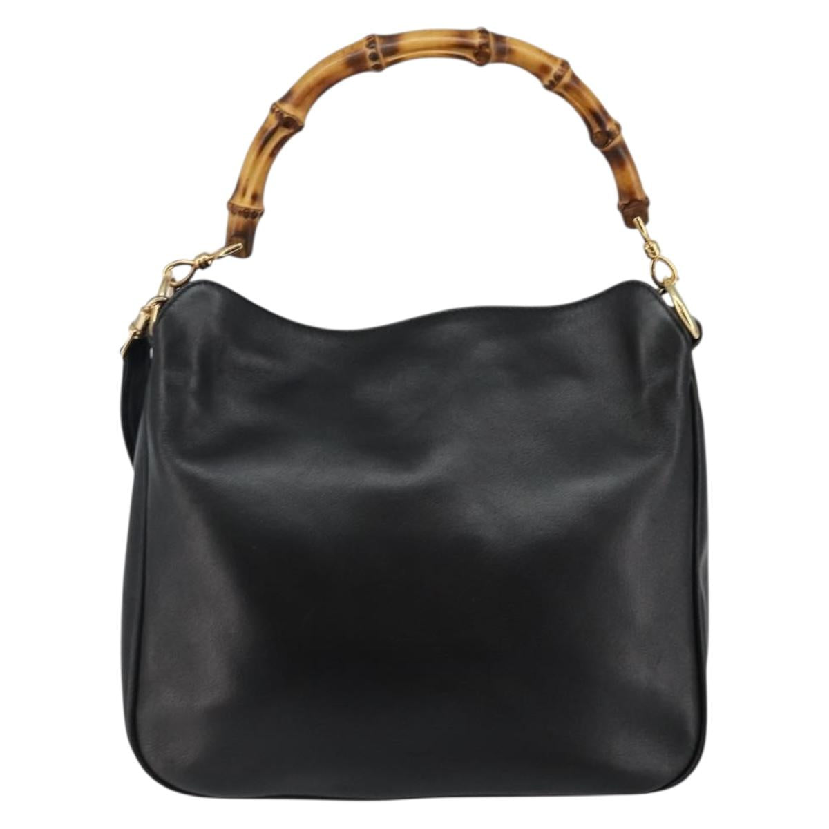 GUCCI Bamboo Hand Bag Leather 2way Black Gold 001 1638 Auth BA5842