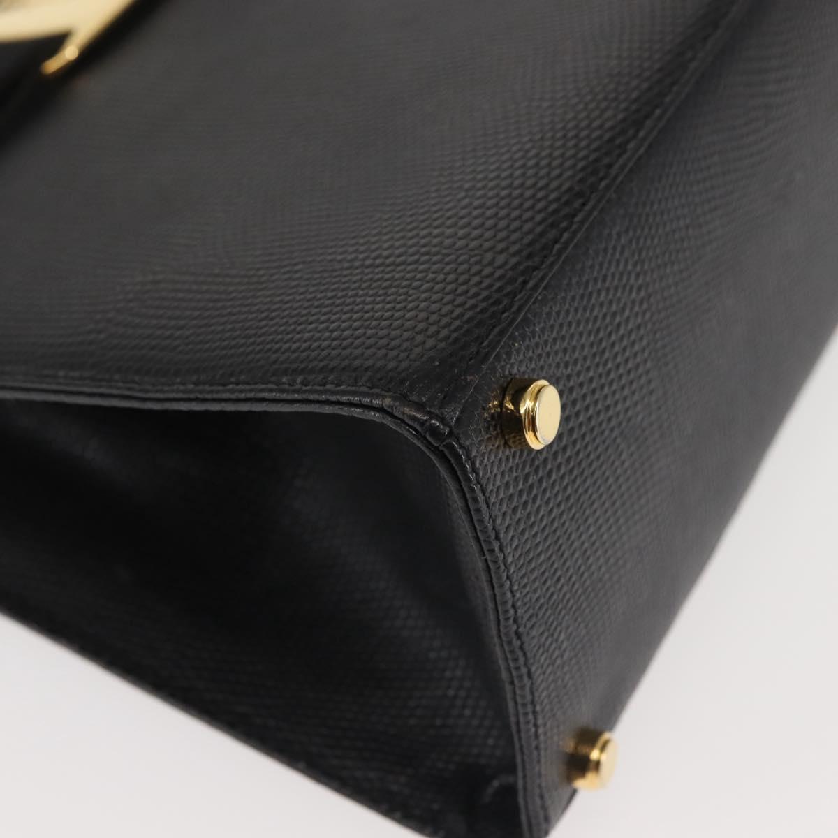 Salvatore Ferragamo Vala Hand Bag Embossed Leather Black Gold Auth BA5845
