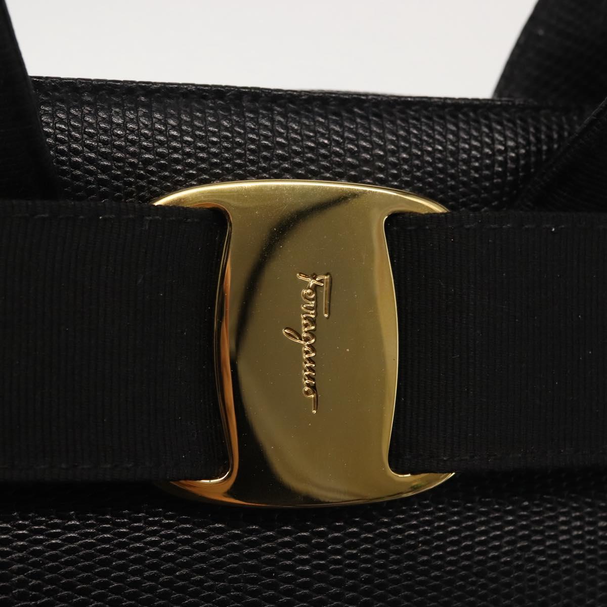 Salvatore Ferragamo Vala Hand Bag Embossed Leather Black Gold Auth BA5845