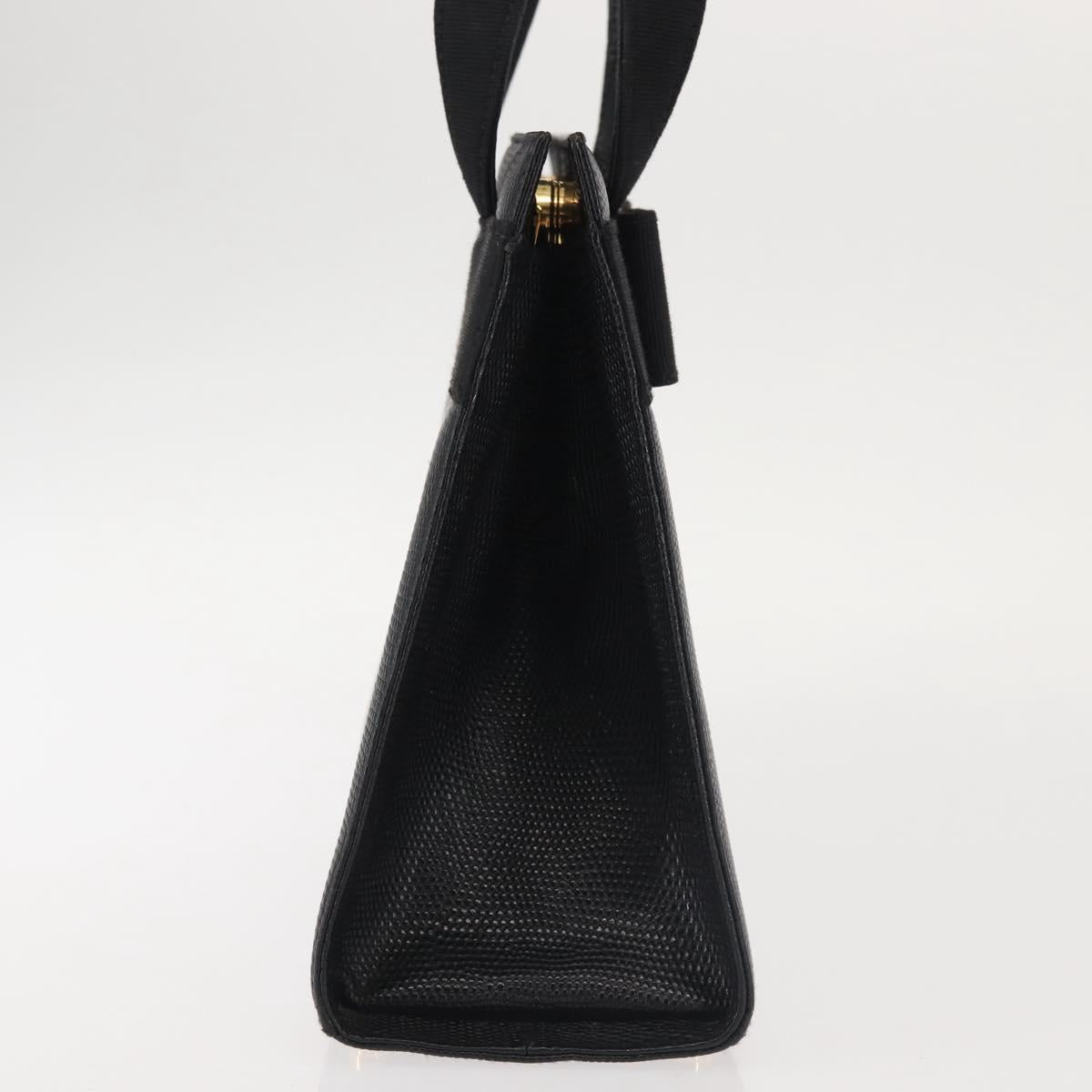 Salvatore Ferragamo Vala Hand Bag Embossed Leather Black Gold Auth BA5845