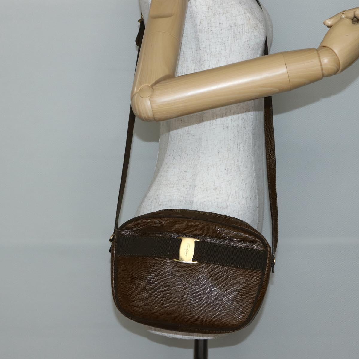 Salvatore Ferragamo Vala Shoulder Bag Embossed Leather Brown Gold Auth BA5847