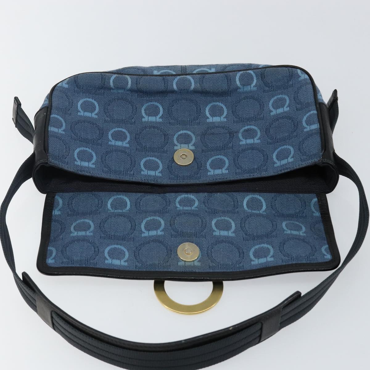 Salvatore Ferragamo Gancini Shoulder Bag Canvas Navy Gold Auth BA5868