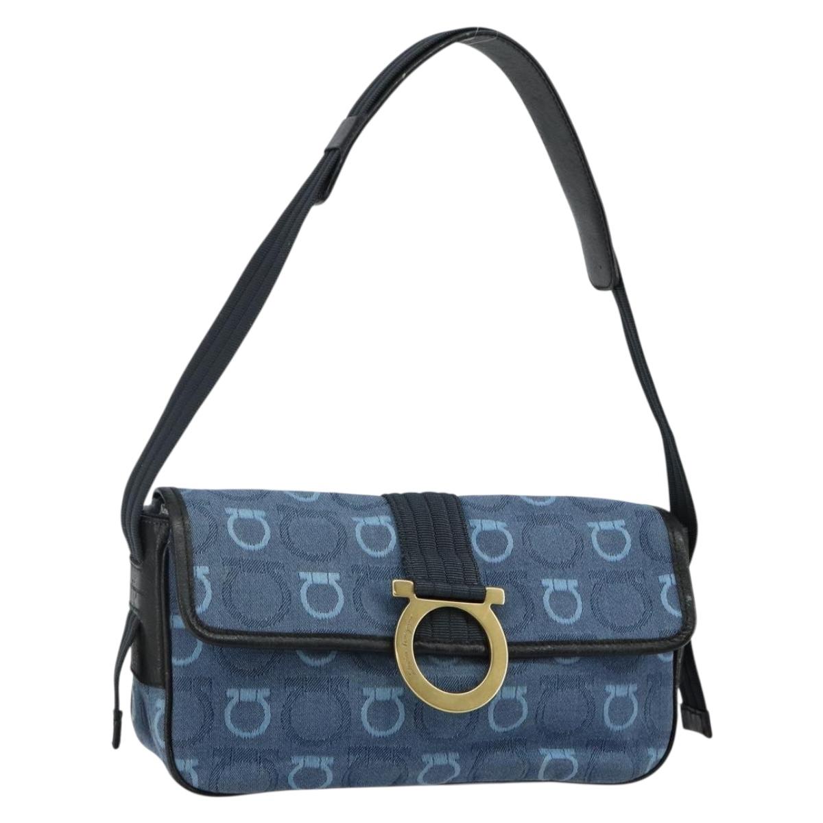 Salvatore Ferragamo Gancini Shoulder Bag Canvas Navy Gold Auth BA5868