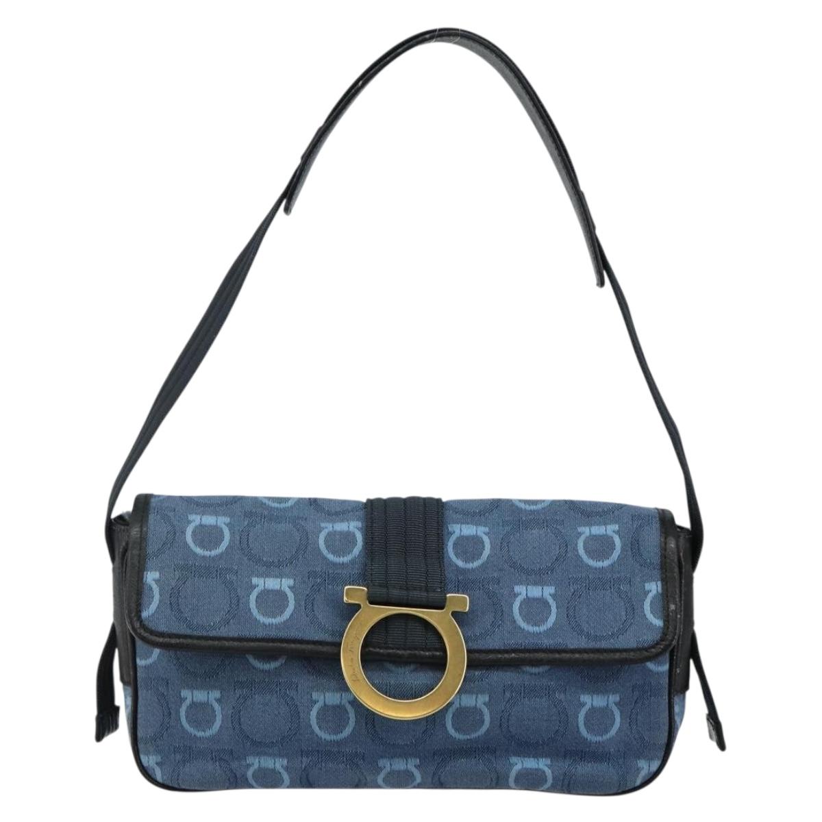 Salvatore Ferragamo Gancini Shoulder Bag Canvas Navy Gold Auth BA5868