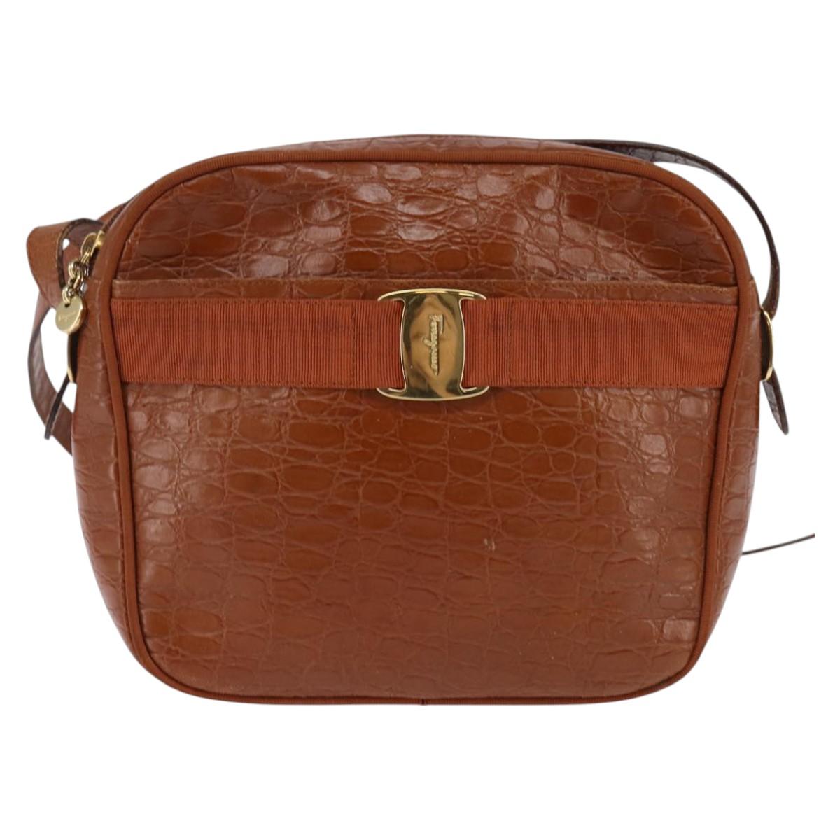 Salvatore Ferragamo Vala Shoulder Bag Leather Brown Gold Auth BA5869