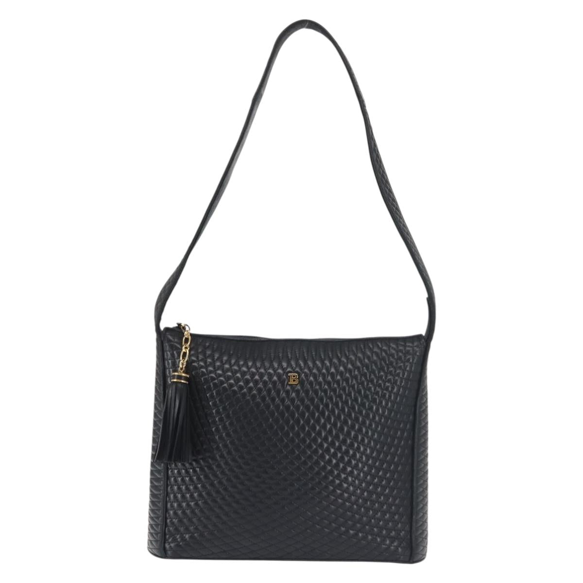 BALLY Shoulder Bag Leather Navy Gold Auth BA5894