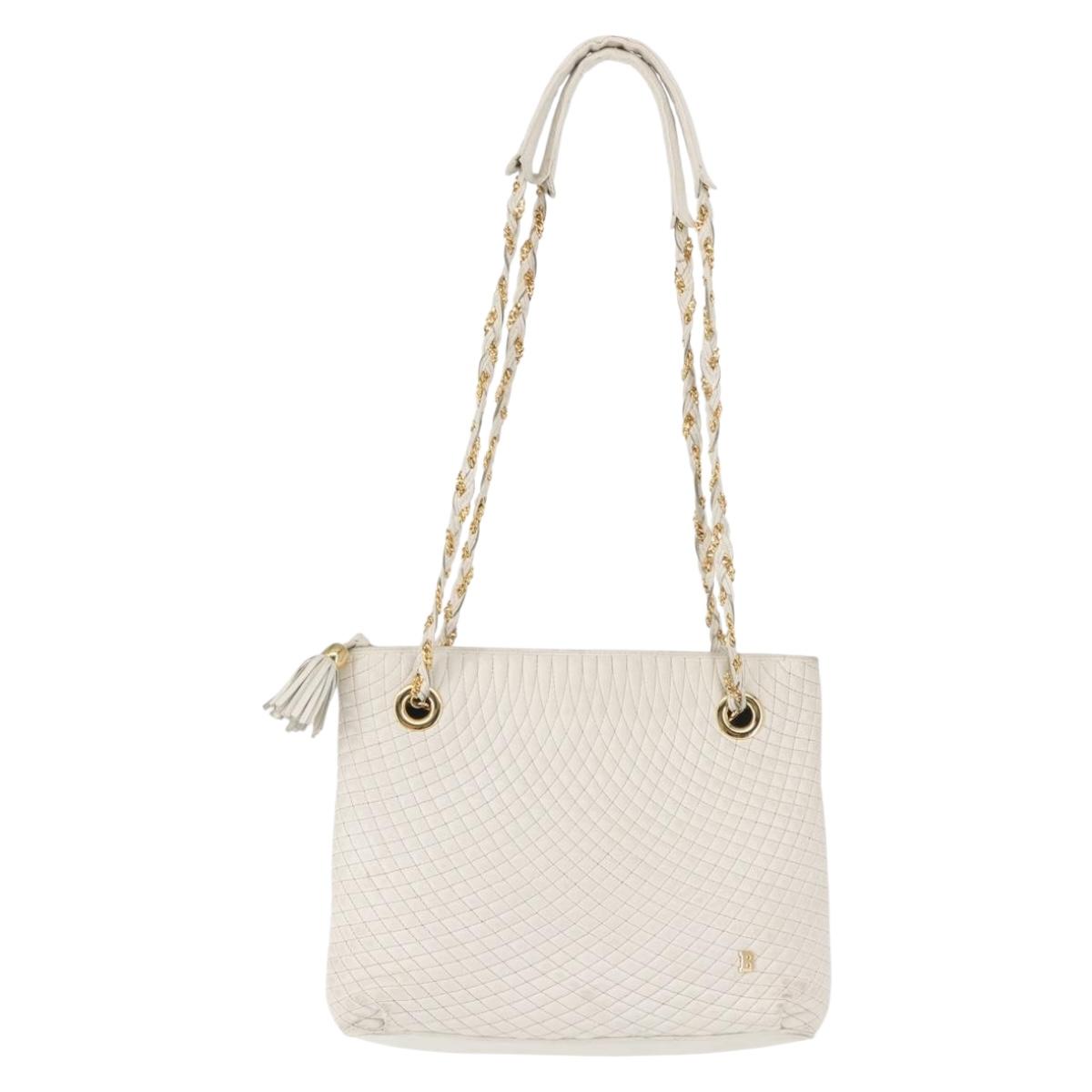 BALLY Chain Shoulder Bag Leather White Gold Auth BA5895