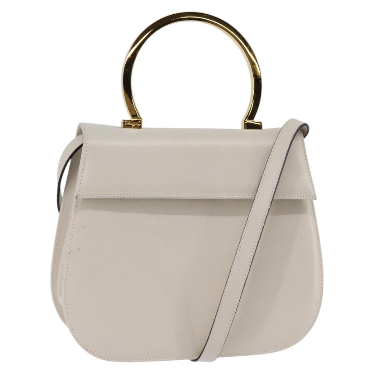 Salvatore Ferragamo Hand Bag Leather 2way White Gold Auth BA5896