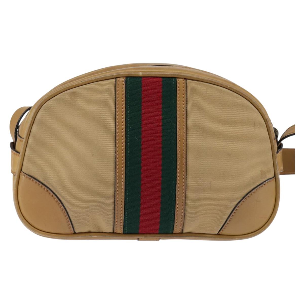 GUCCI Web Sherry Line Shoulder Bag Canvas Leather Beige Gold Auth BA5901