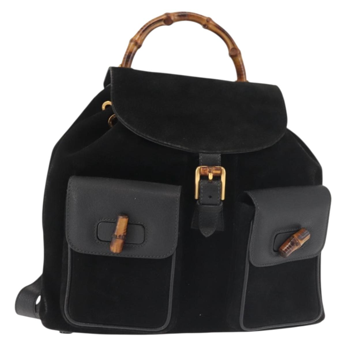 GUCCI Bamboo Backpack Suede Black Gold 003 2058 016 Auth BA5937