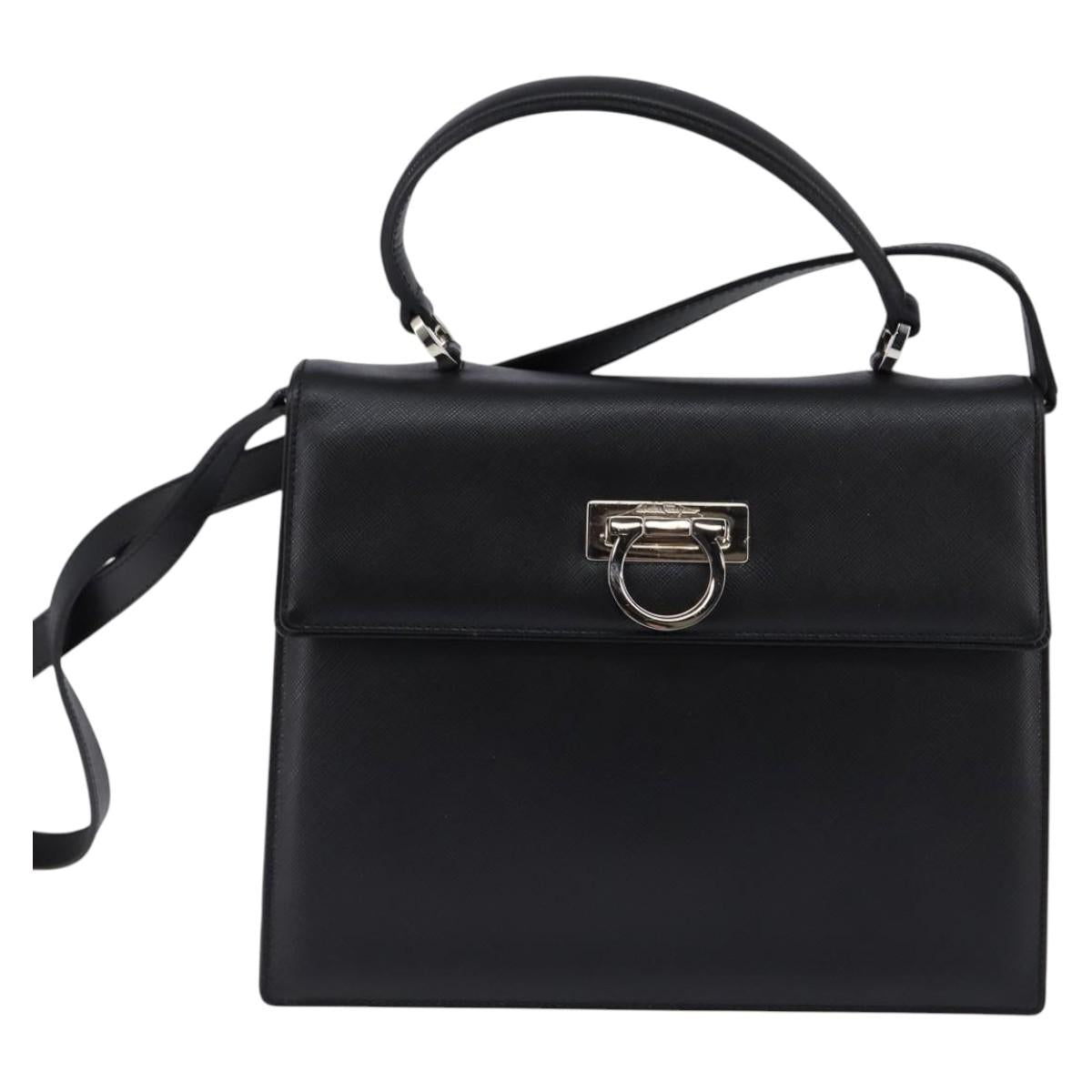Salvatore Ferragamo Gancini Hand Bag Leather 2way Black Silver Auth BA5942