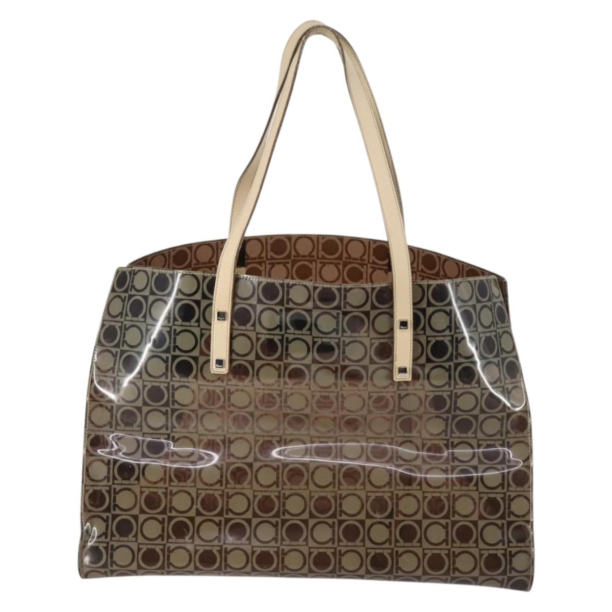 Salvatore Ferragamo Tote Bag Vinyl Brown Silver Auth BA5943