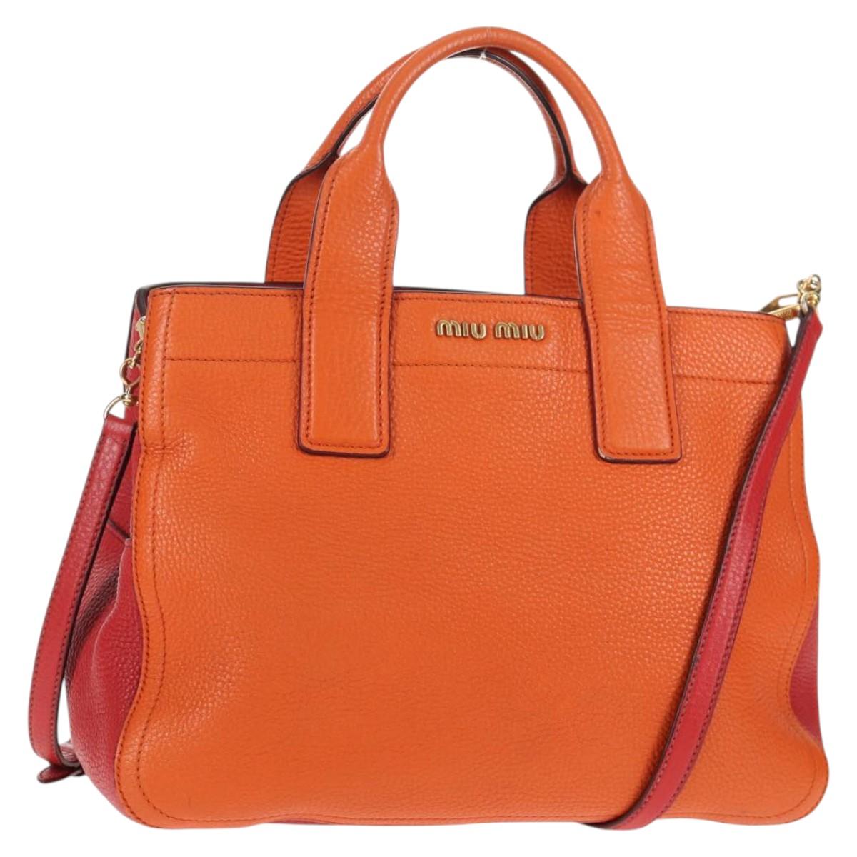 Miu Miu Madras Hand Bag Leather 2way Orange Gold Auth BA5951V