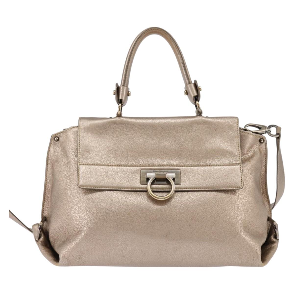 Salvatore Ferragamo Gancini Hand Bag Leather 2way Beige Gold Auth BA5964