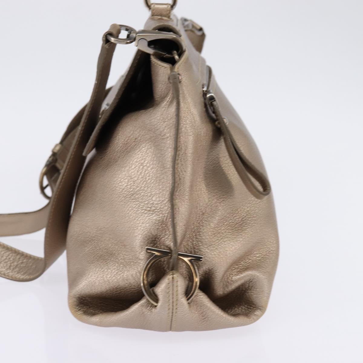 Salvatore Ferragamo Gancini Hand Bag Leather 2way Beige Gold Auth BA5964
