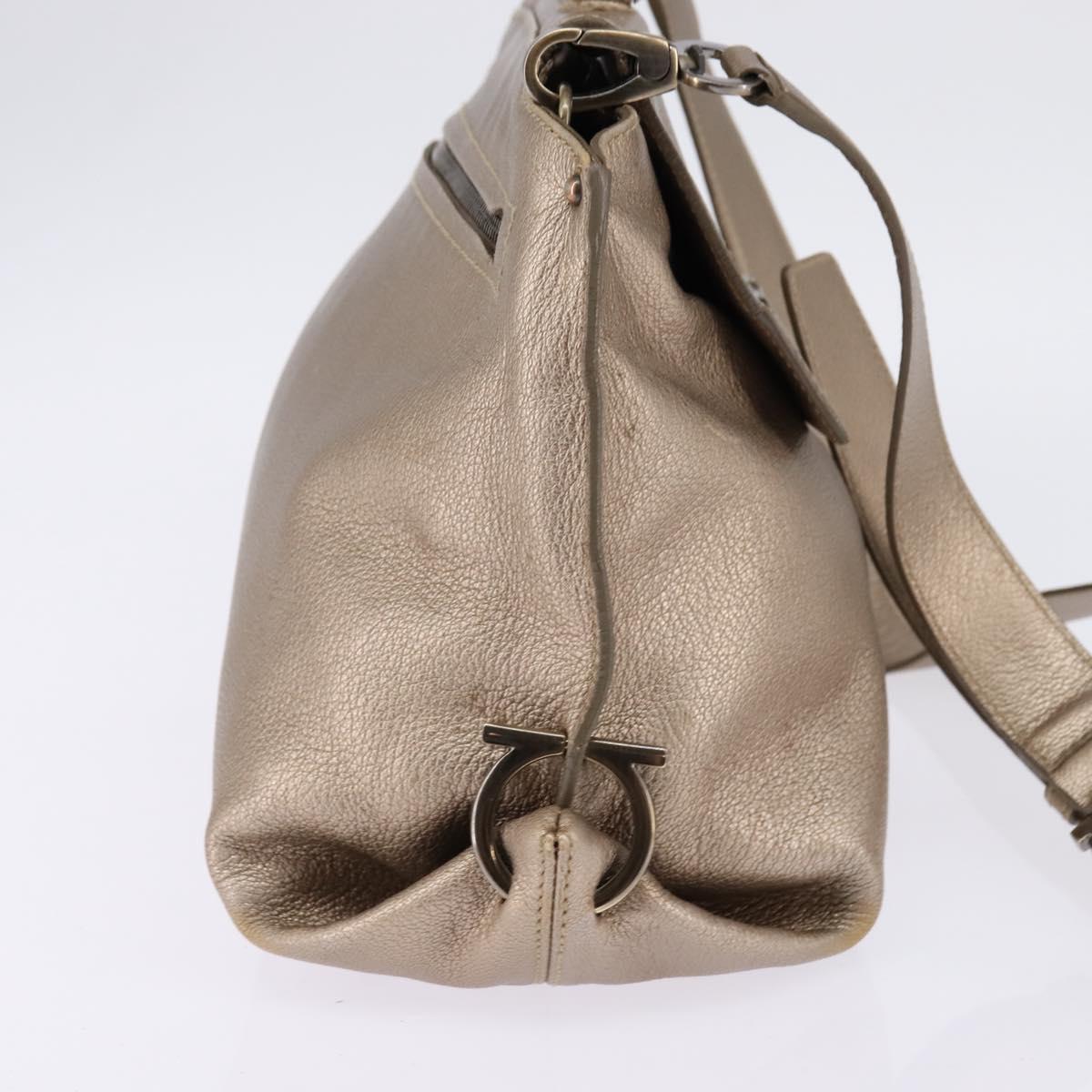 Salvatore Ferragamo Gancini Hand Bag Leather 2way Beige Gold Auth BA5964