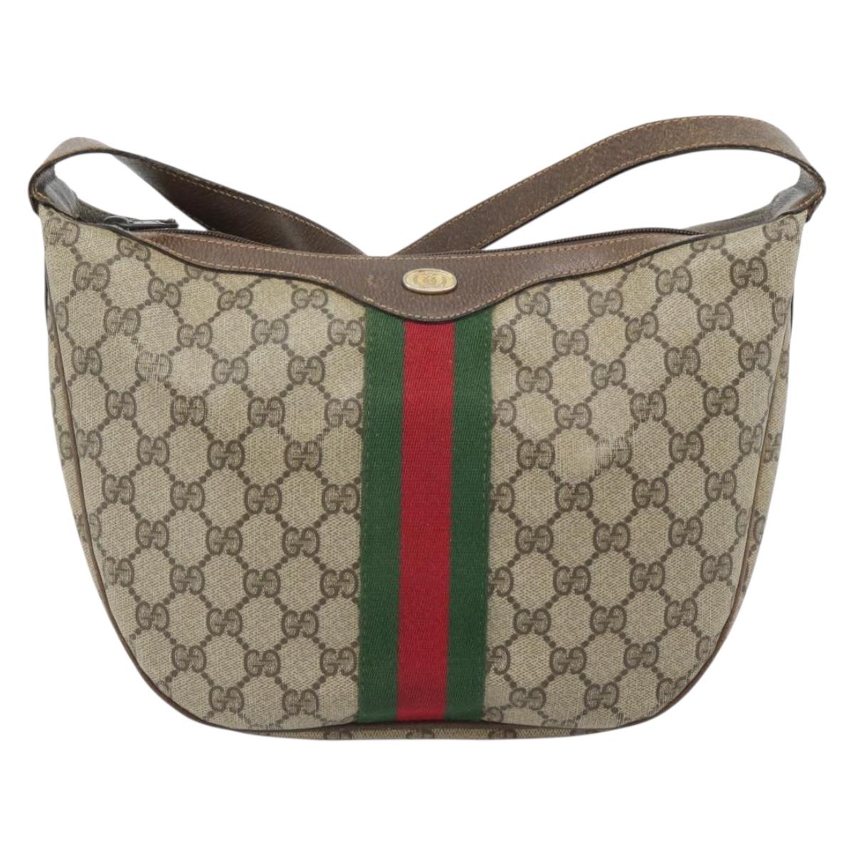 GUCCI GG Supreme Web Sherry Line Shoulder Bag PVC Beige Gold Auth BA5968