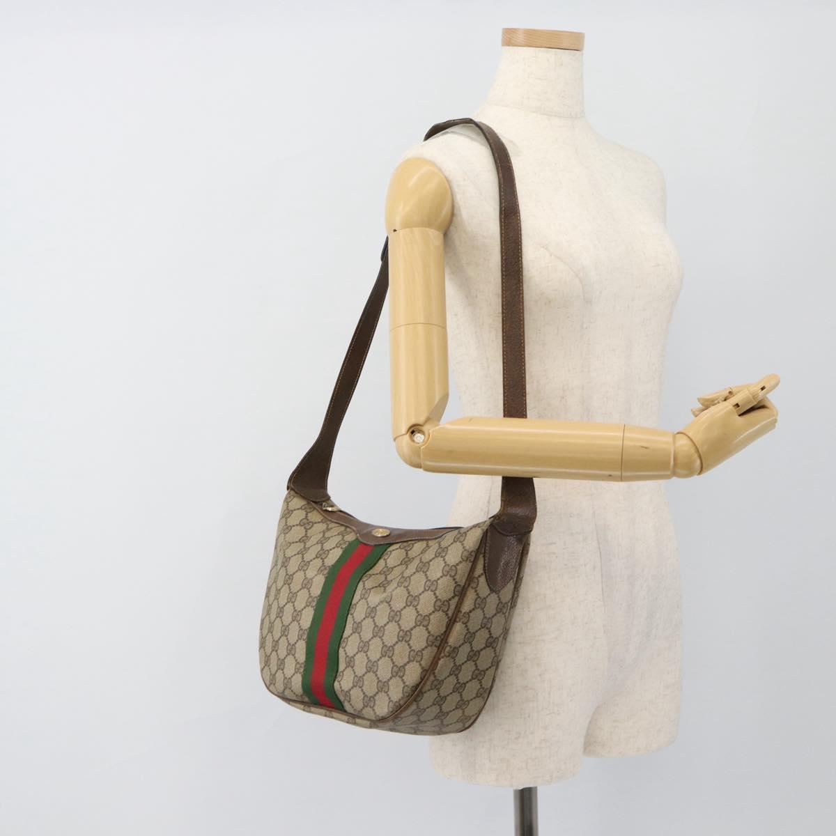 GUCCI GG Supreme Web Sherry Line Shoulder Bag PVC Beige Gold Auth BA5968