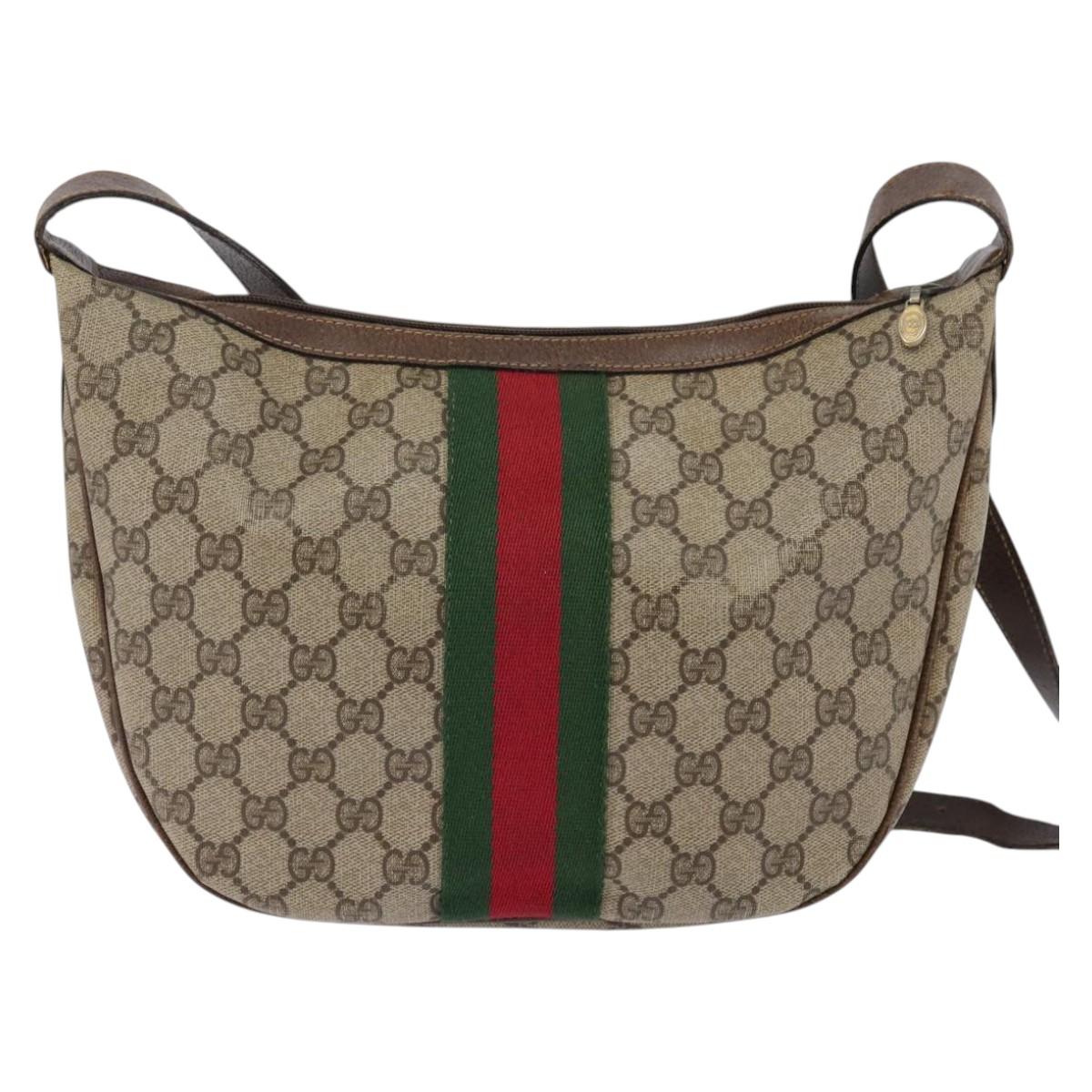 GUCCI GG Supreme Web Sherry Line Shoulder Bag PVC Beige Gold Auth BA5968