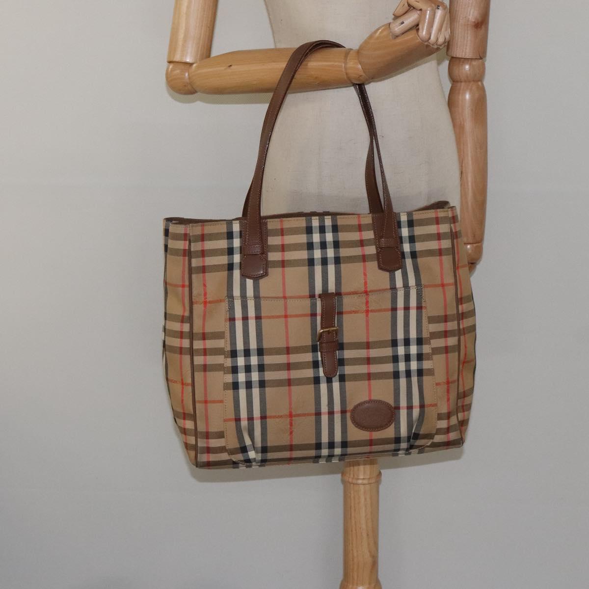 Burberrys Nova Check Tote Bag Canvas Beige Gold Auth BA601