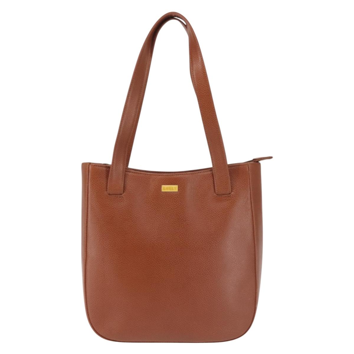 BALLY Tote Bag Leather Brown Gold Auth BA6025