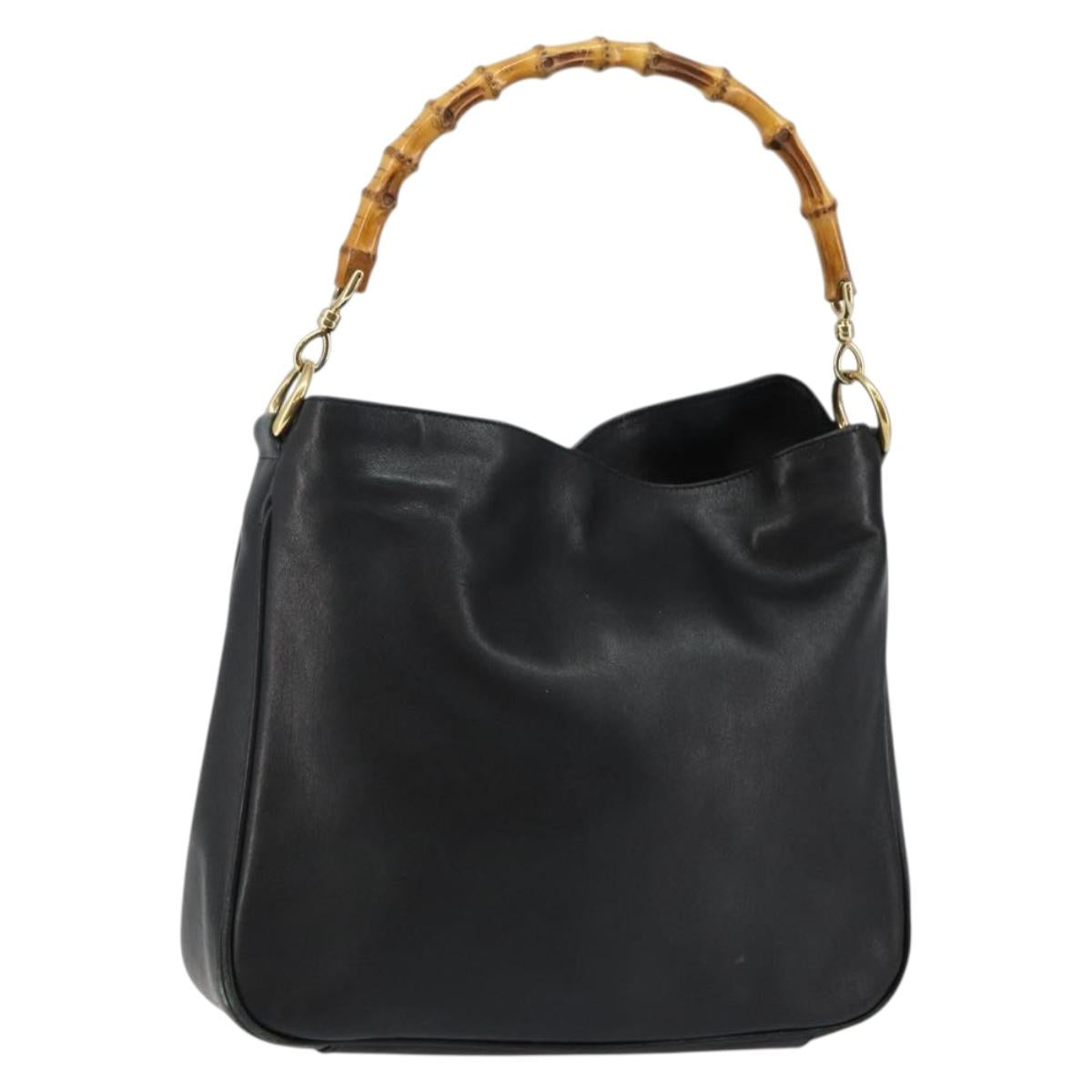 GUCCI Bamboo Hand Bag Leather Black Gold 001 3754 1638 Auth BA6049