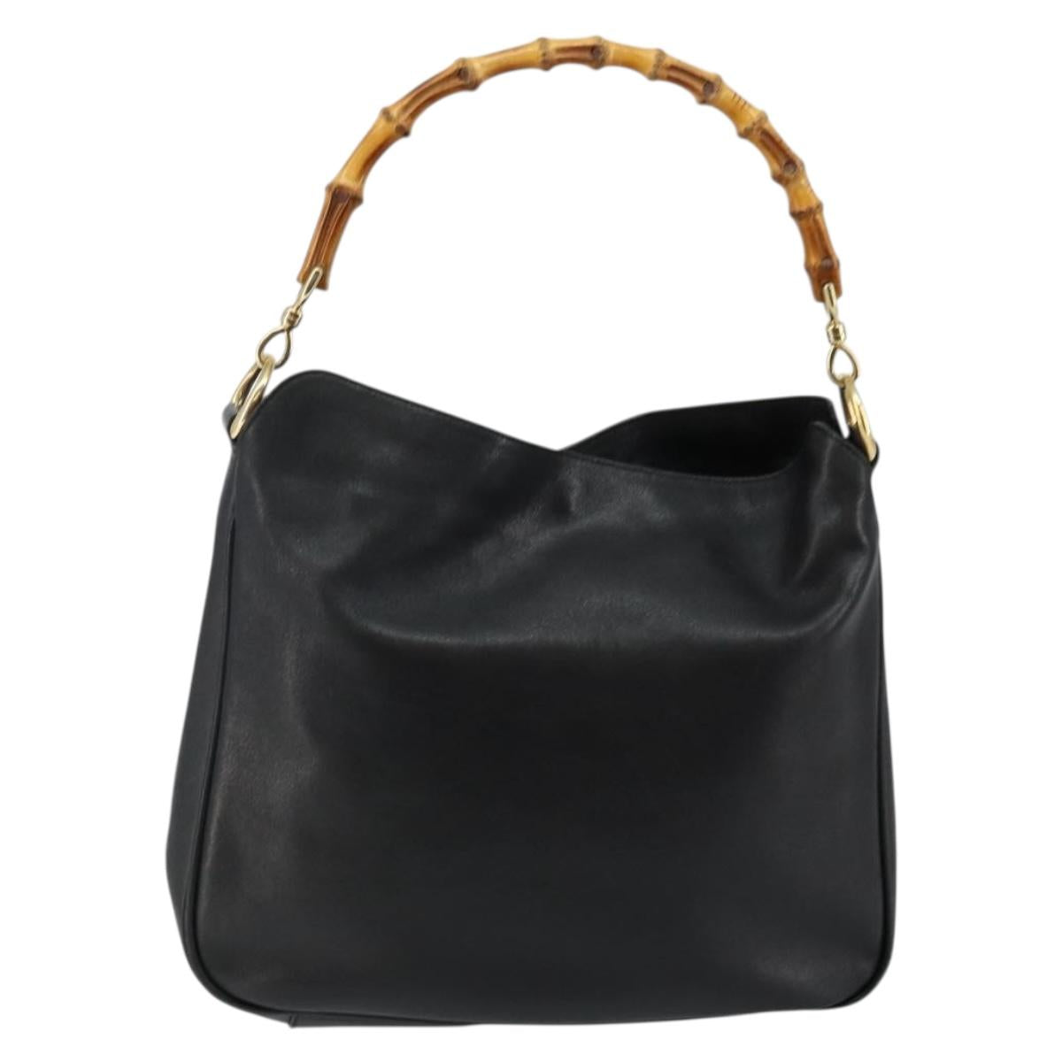 GUCCI Bamboo Hand Bag Leather Black Gold 001 3754 1638 Auth BA6049