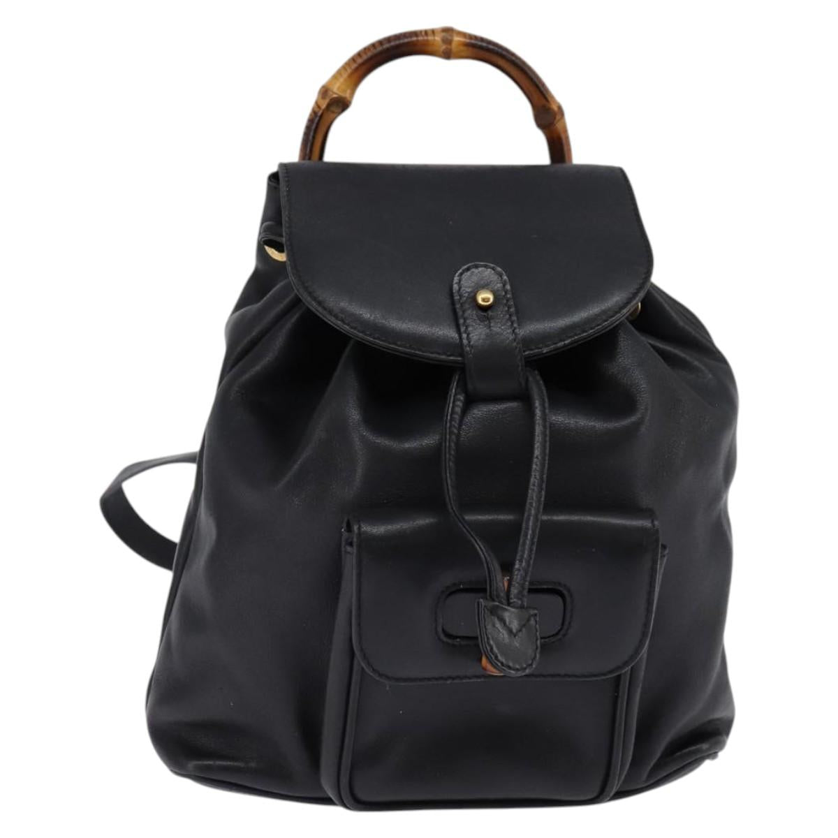 GUCCI Bamboo Backpack Leather Black Gold 003 1705 0030 Auth BA6050