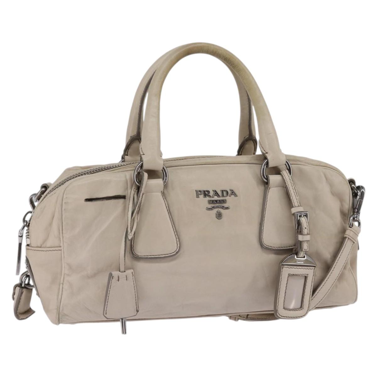 PRADA Hand Bag Leather 2way Beige Silver Auth BA6054