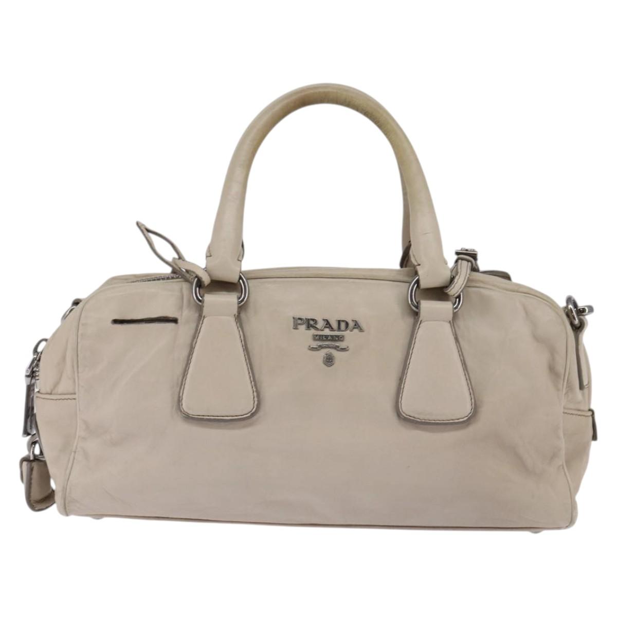 PRADA Hand Bag Leather 2way Beige Silver Auth BA6054