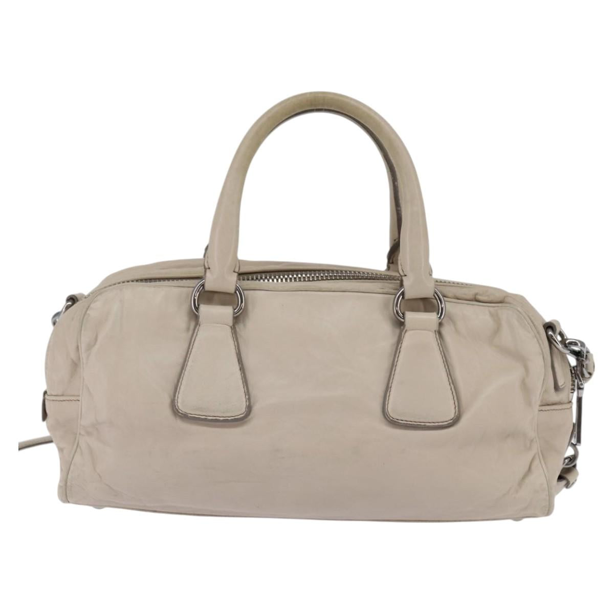 PRADA Hand Bag Leather 2way Beige Silver Auth BA6054