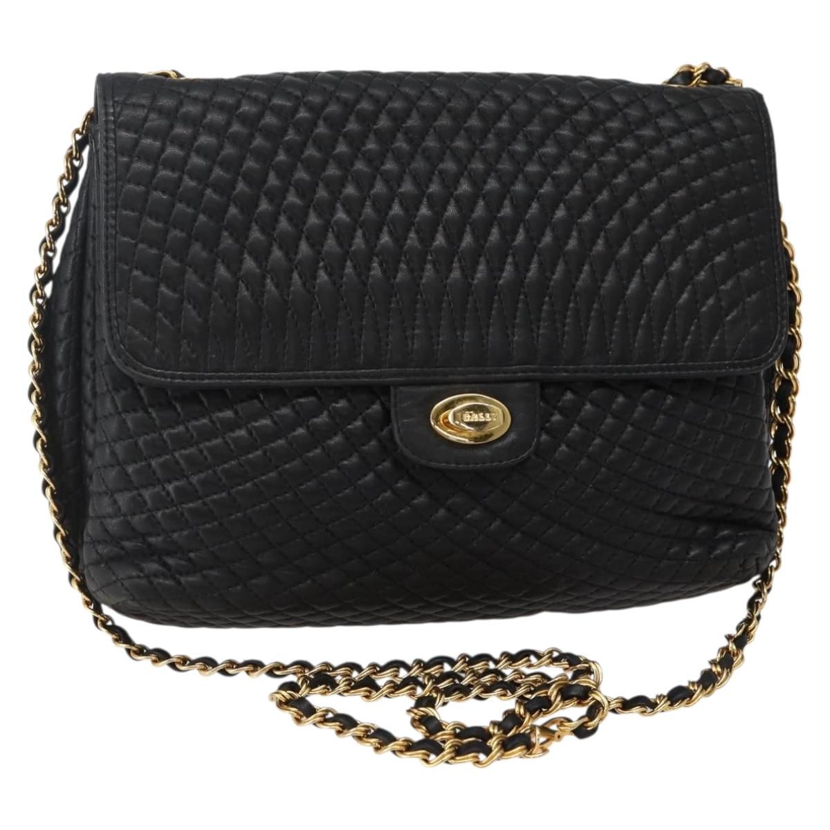 BALLY Chain Shoulder Bag Leather Black Gold Auth BA6077
