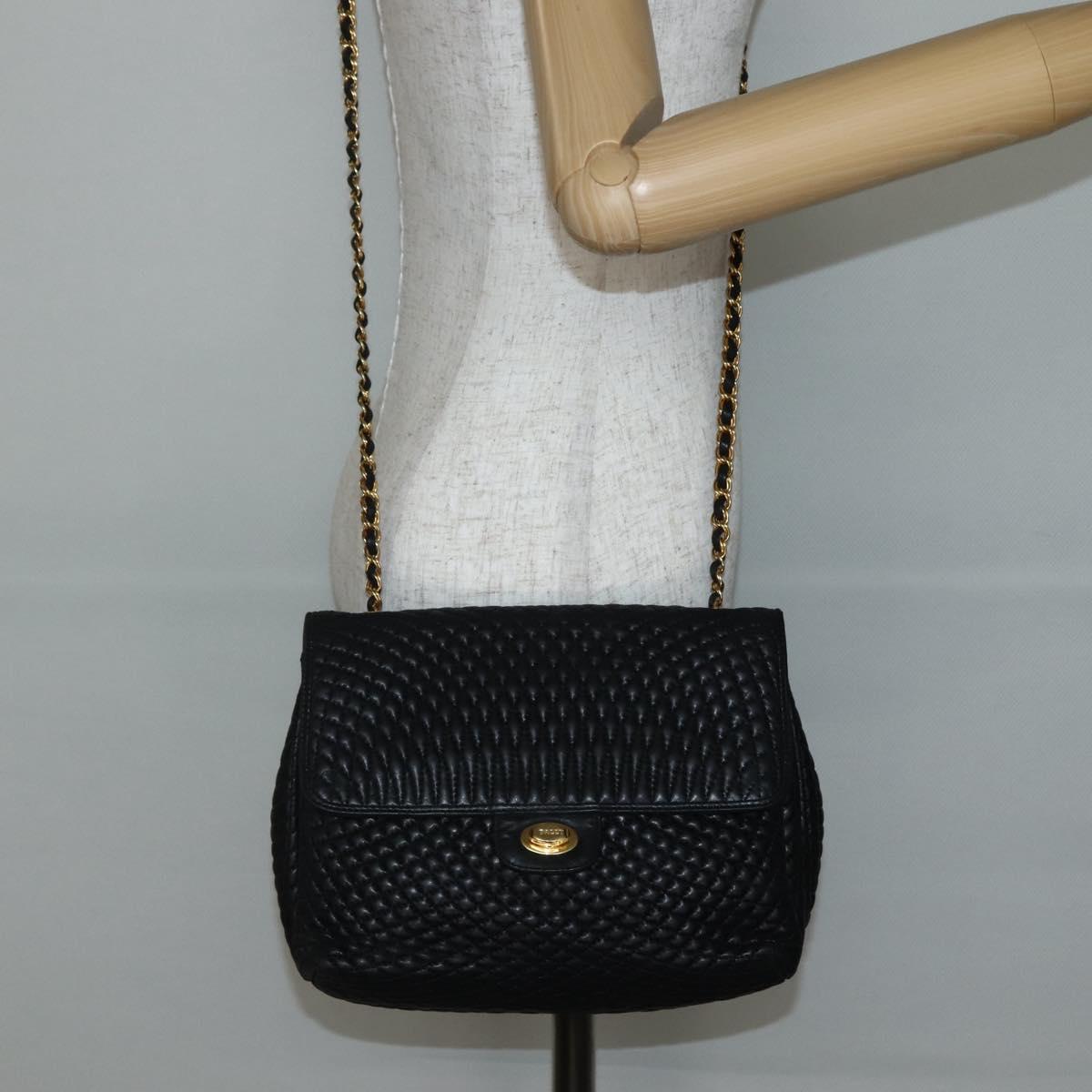 BALLY Chain Shoulder Bag Leather Black Gold Auth BA6077