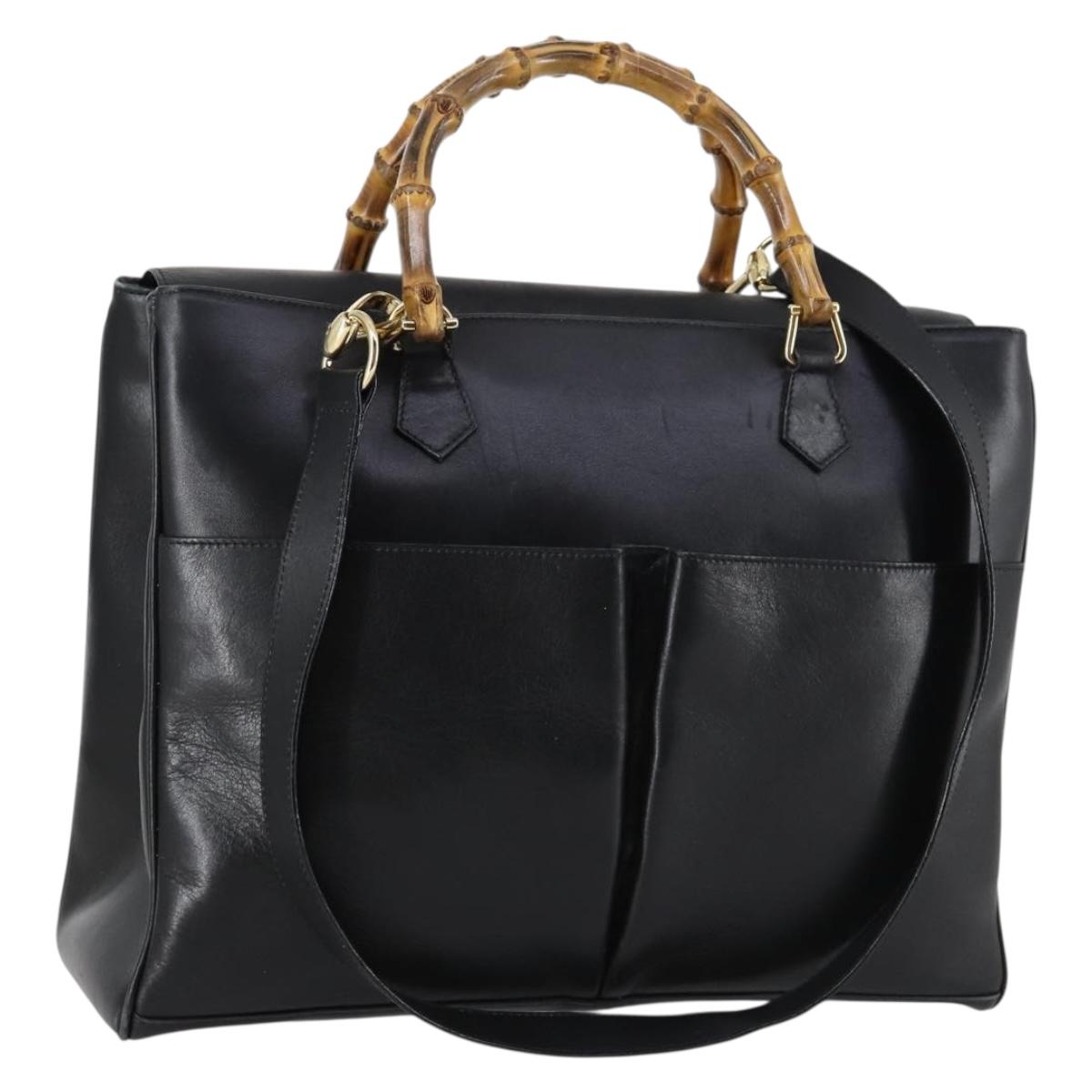 GUCCI Bamboo Hand Bag Leather 2way Black Gold 002 2855 0322 0 Auth BA6143