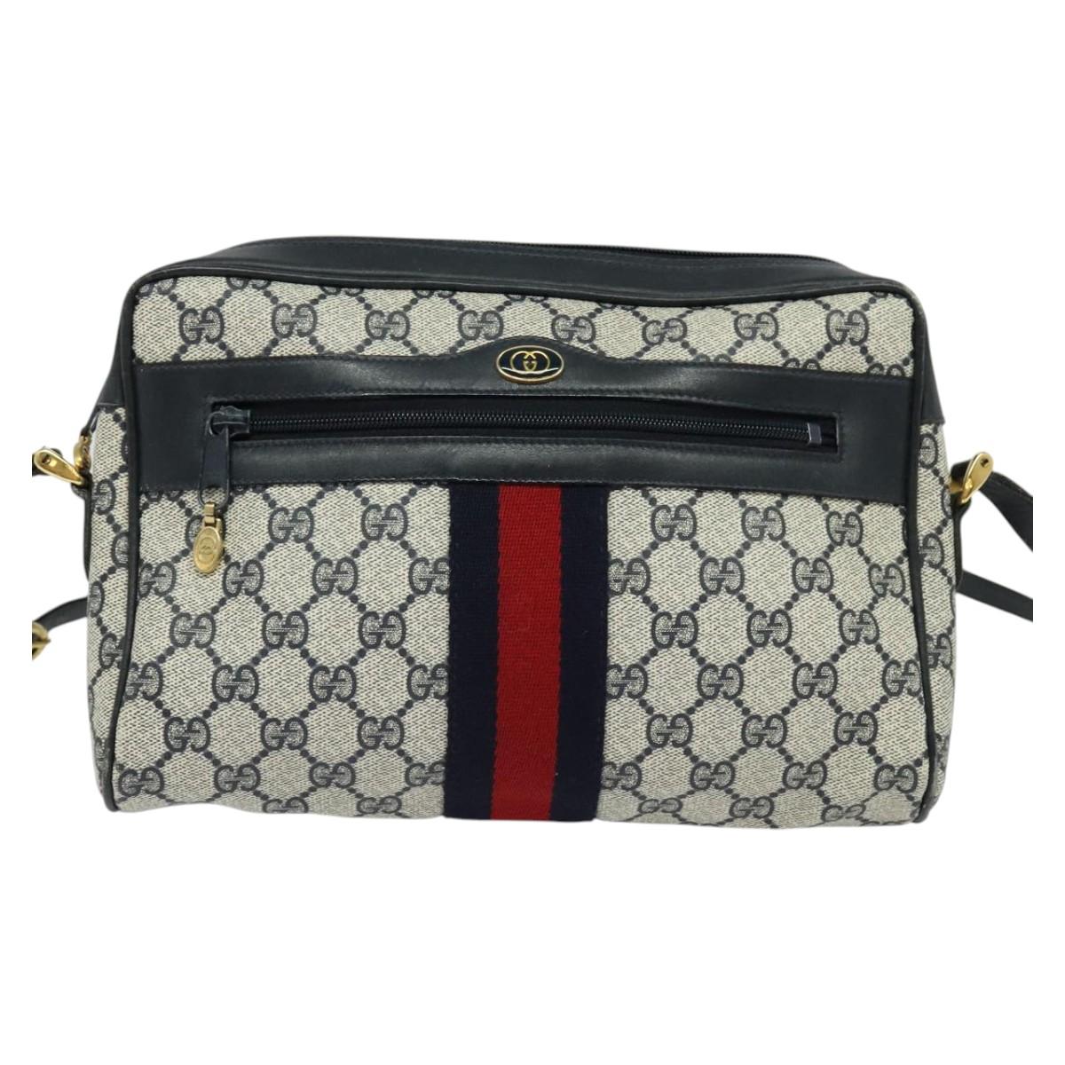GUCCI GG Supreme Shoulder Bag PVC Navy Gold Auth BA617