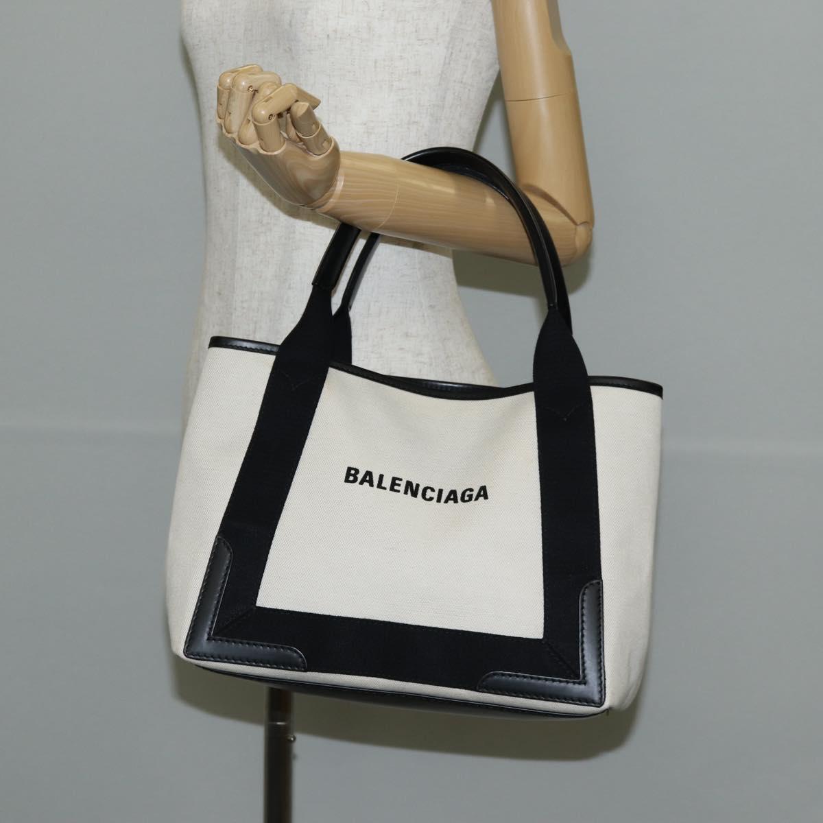BALENCIAGA Navy Cabas S Bag Canvas Leather White Black 339933 Auth BA6186M