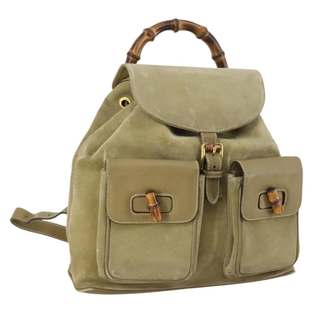 GUCCI Bamboo Backpack Suede Khaki Gold 003 58 0016 Auth BA6204