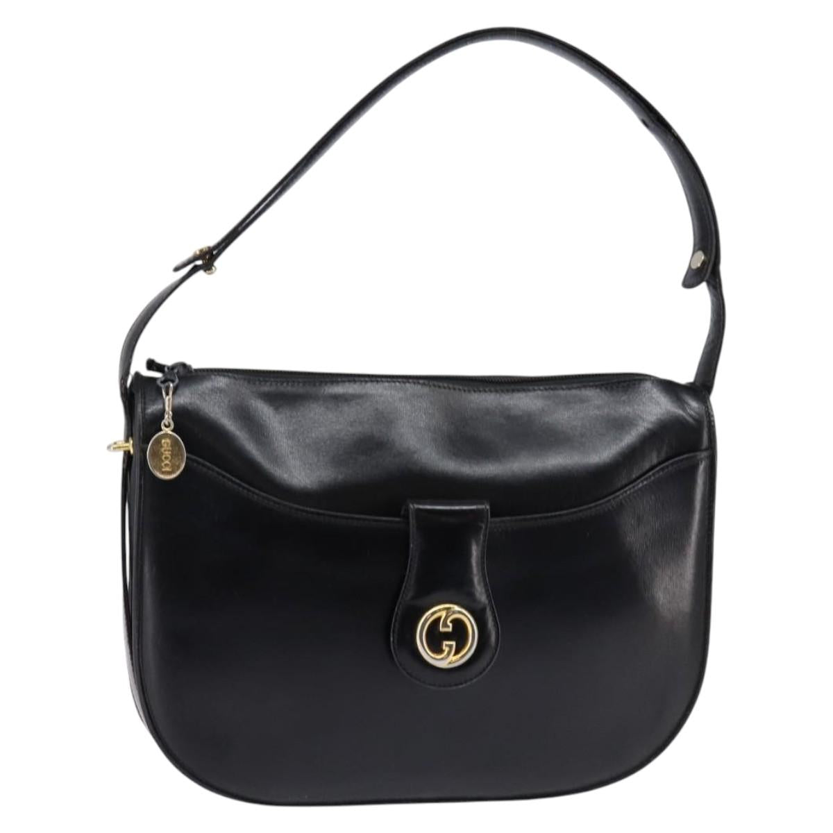 GUCCI Shoulder Bag Leather Black Gold Auth BA6212