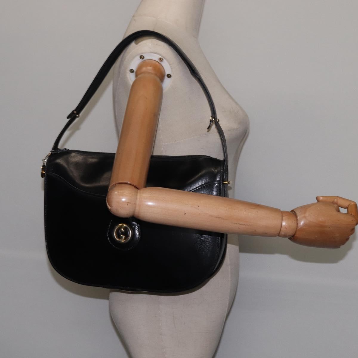 GUCCI Shoulder Bag Leather Black Gold Auth BA6212
