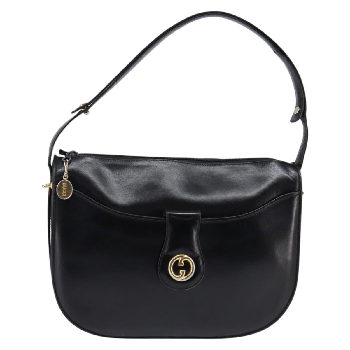 GUCCI Shoulder Bag Leather Black Gold Auth BA6212