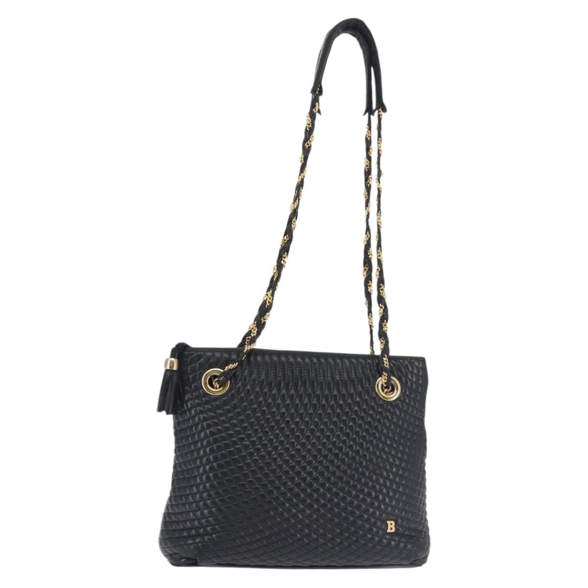BALLY Chain Shoulder Bag Leather Navy Gold Auth BA6225