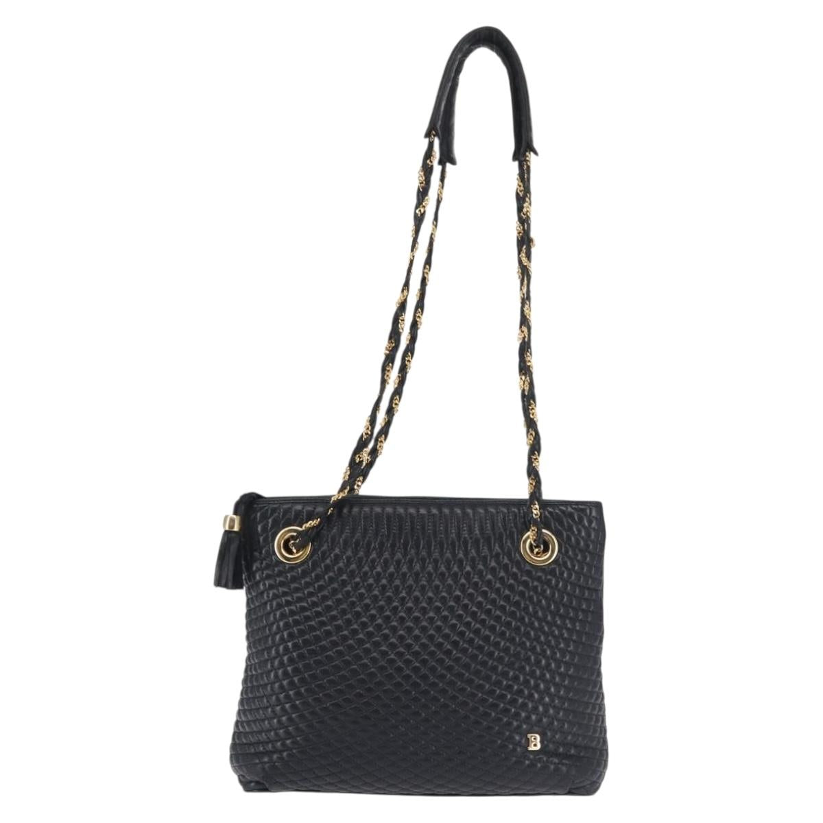 BALLY Chain Shoulder Bag Leather Navy Gold Auth BA6225