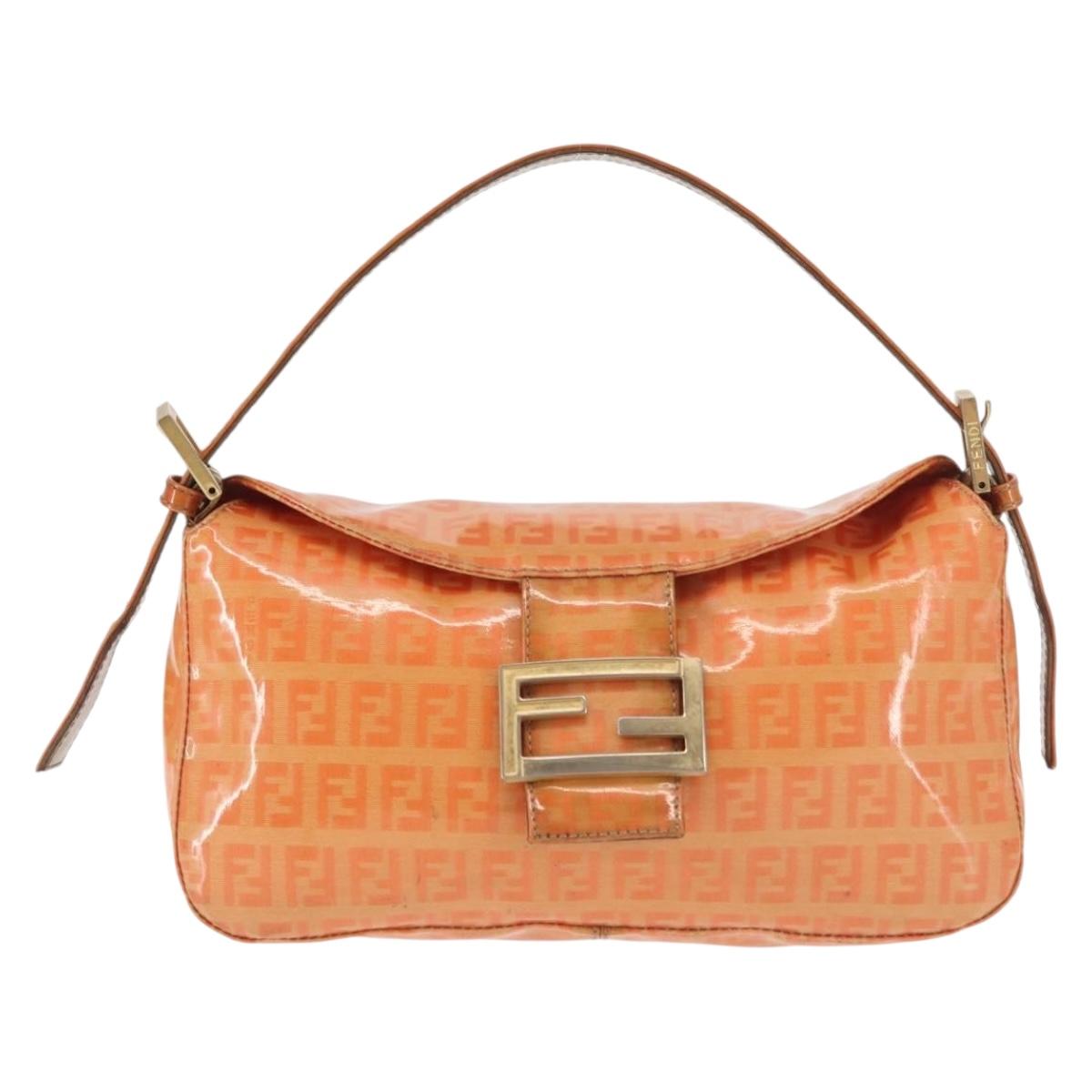 FENDI Zucchino Canvas Mamma Baguette Shoulder Bag Enamel Orange Gold Auth BA6226