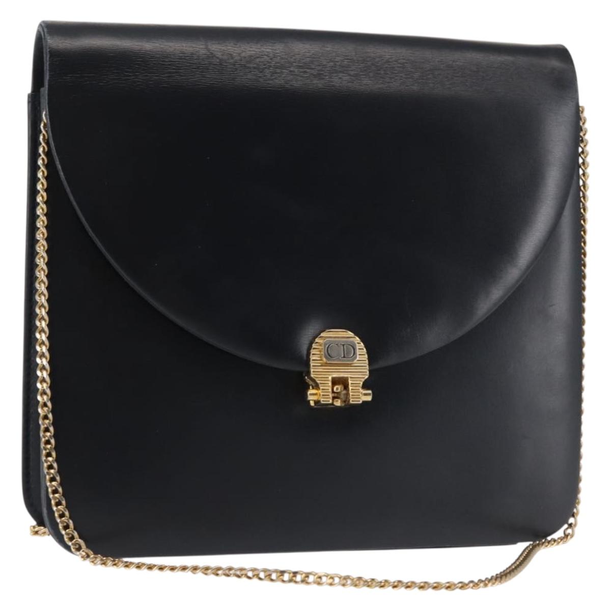 Christian Dior Chain Shoulder Bag Leather Navy Gold Auth BA6234